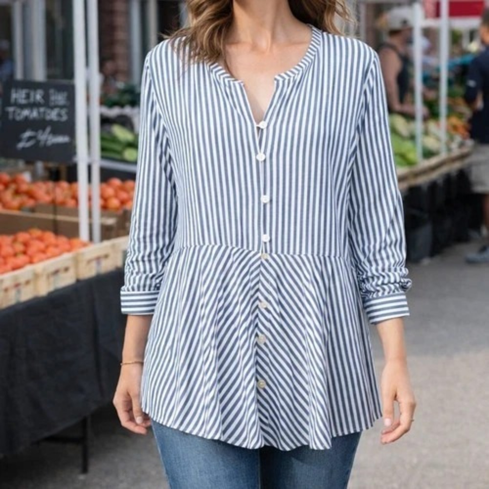 J JILL Blue White Stripe Button‎ Up Peplum Tunic Top Blouse Roll Tab Sleeves - S